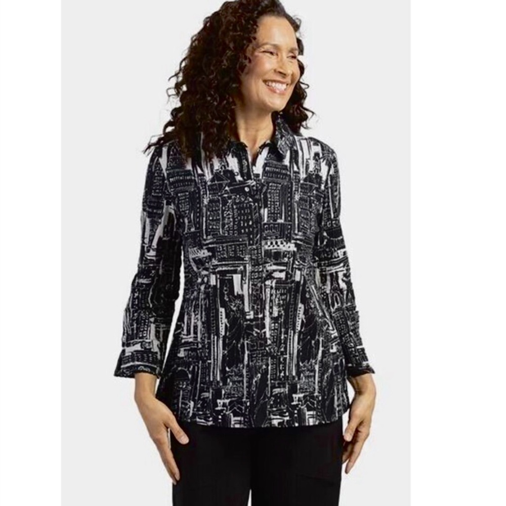 Habitat Artsy Crinkle Cotton Button Down Blouse Shirt Top Black White M